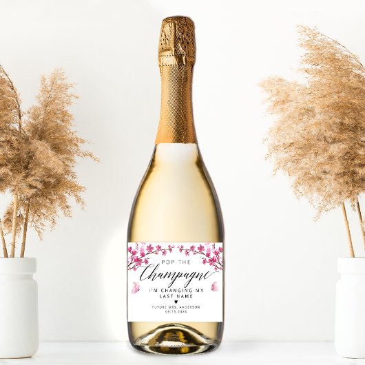 Kersenbloesem vlinder roze champagne sparkling wijnetiket