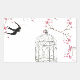 Kersenbloesem, vogel, vogelkooi - origineel, stijl rechthoekige sticker