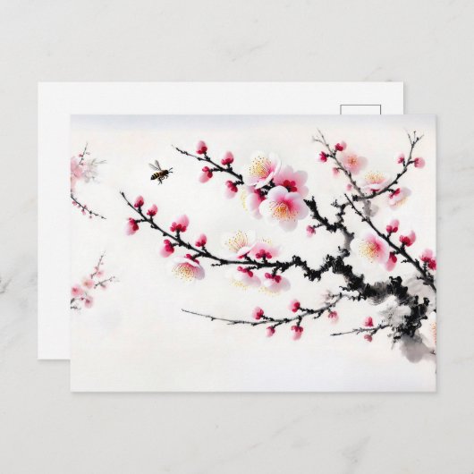 Kersenbloesems Aziatische inkt schilderij Feestdagenkaart (Voorkant / Achterkant)
