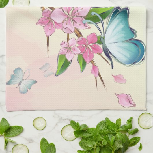 Kersenbloesems en vlinders Amerikaanse MoJo Kit Theedoek (Gevouwen)