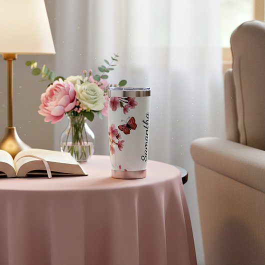 Kersenbloesems en vlinders gepersonaliseerd geïsoleerde drinkbeker