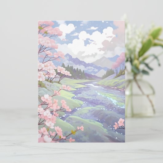 Kersenbloesems pastel Waterverf landschap Feestdagenkaart (Staand voorkant)