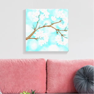 Kersenbloesems tegen blauwe hemel met wolken canvas afdruk