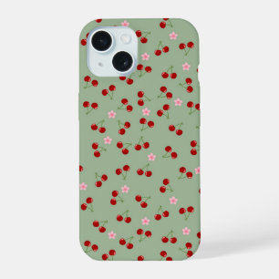 Kersenpatroon op groene achtergrond iPhone 15 hoesje
