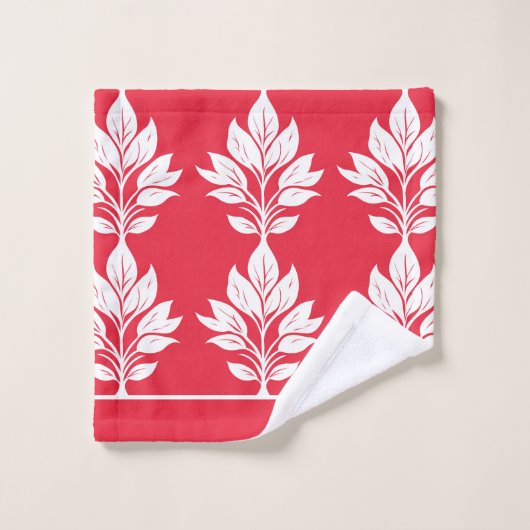 Kersenrood en wit Elegant Bladpatroon Bad Handdoek (Wasdoekje)