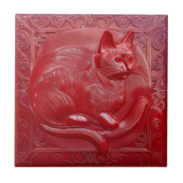 Kersenrood faux relief Art Nouveau Kat Tegeltje