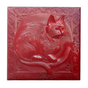Kersenrood faux relief Art Nouveau Kat Tegeltje