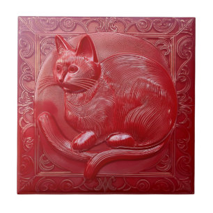 Kersenrood faux relief Art Nouveau Kat Tegeltje