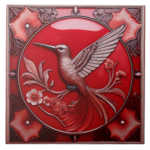 Kersenrood namaak reliëf Art Nouveau Kolibrie L Tegeltje