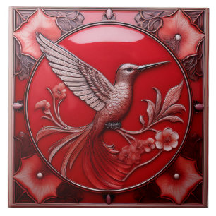Kersenrood namaak reliëf Art Nouveau Kolibrie R Tegeltje