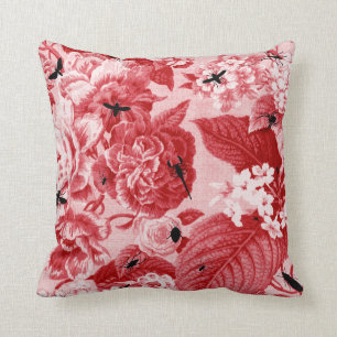 Kersenrood vintage botanisch & insect bloemmotief kussen