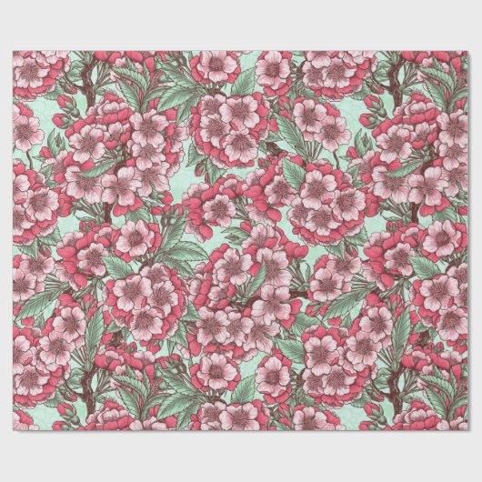 Kersensbloesem in roze en munt cadeaupapier (Vlak)