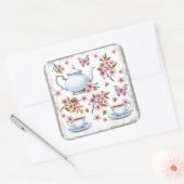 Kersroze bloem bloemveld met thee vierkante sticker (Envelop)