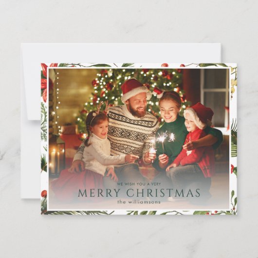 Kerst 1 Foto Waterverf Bessen Floral Notitiekaartje (Voorkant)