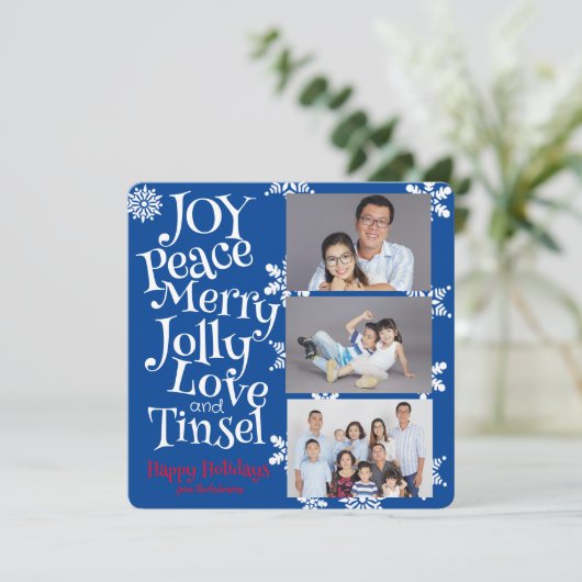 Kerst 3 Foto Leuk Eenvoudig Blauw en Wit Schattige Feestdagenkaart (Staand voorkant)