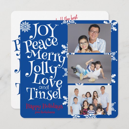 Kerst 3 Foto Leuk Eenvoudig Blauw en Wit Schattige Feestdagenkaart (Voorkant / Achterkant)