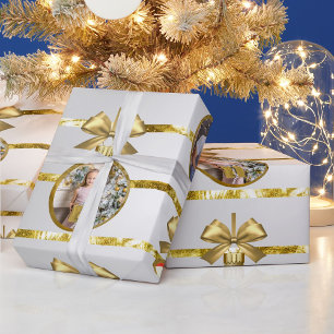 Kerst 5 Foto Gouden Ornamenten & Strepen Patroon Cadeaupapier