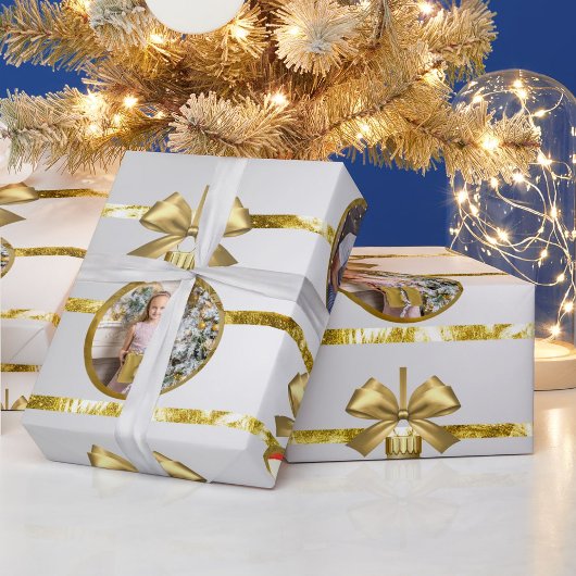 Kerst 5 Foto Gouden Ornamenten & Strepen Patroon Cadeaupapier