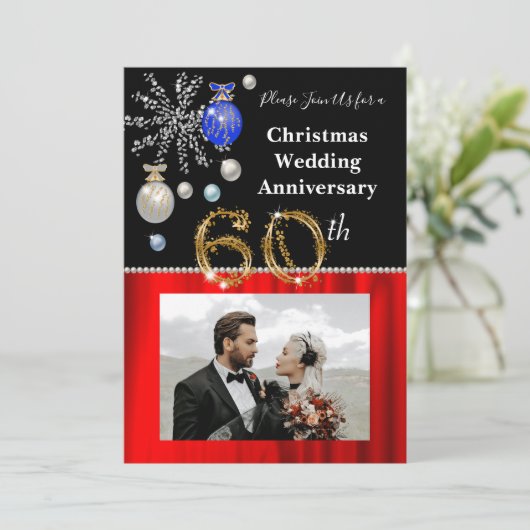 Kerst 60e bruiloft Jubileum zwart en goud Kaart (Staand voorkant)