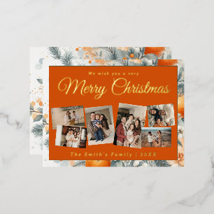 Kerst 6x foto  retro bloemig folie feestdagen briefkaart