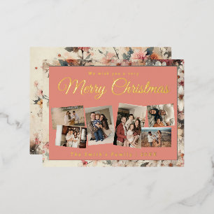 Kerst 6x foto  retro bloemig folie feestdagen briefkaart