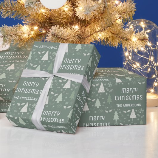Kerst Aangepaste Familienaam Sage Green Cadeaupapier (Feestdagen)