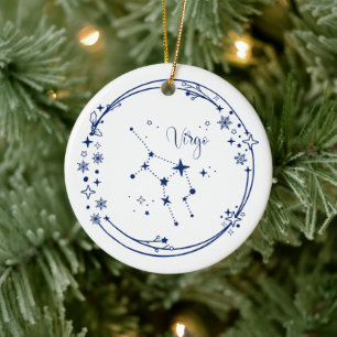 Kerst Aangepaste Naam Virgo Zodiac Teken Blauw Keramisch Ornament