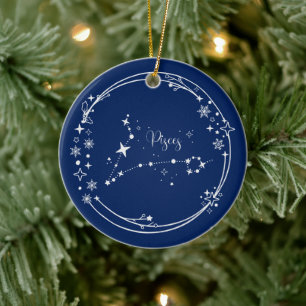 Kerst Aangepaste Naam Vissen Zodiac Blauw Zilver Keramisch Ornament