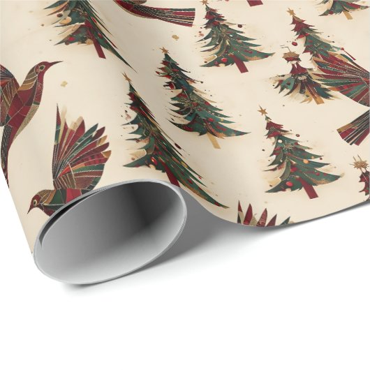 Kerst Abstracte vogels en bomen inpakpapier (Rol Hoek)