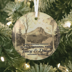 Kerst Acadia National Park Sepia verloofd paar Glas Ornament