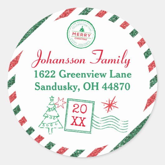 Kerst  Air Mail Glitter Adres Ronde Sticker (Voorkant)