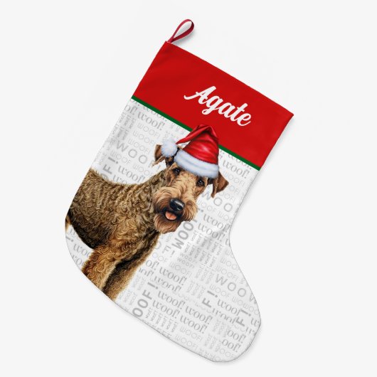 Kerst Airedale Terrier Naam Woof Achtergrond Grote Kerstsok (Voorkant (Hangend))