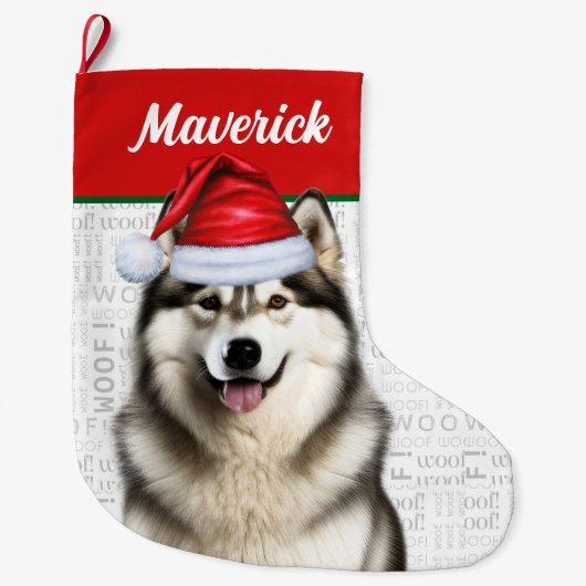 Kerst Alaskan Malamute Naam Woof Achtergrond Grote Kerstsok (Voorkant)