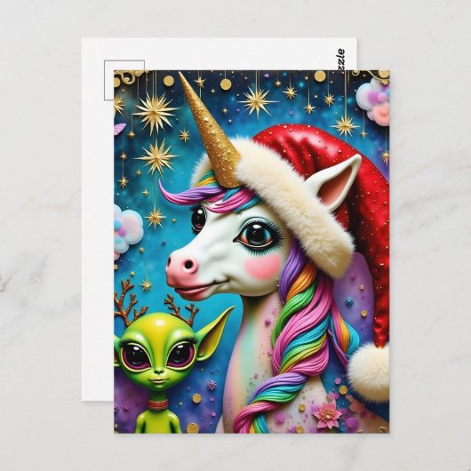 Kerst Alien en Unicorn Briefkaart (Voorkant / Achterkant)
