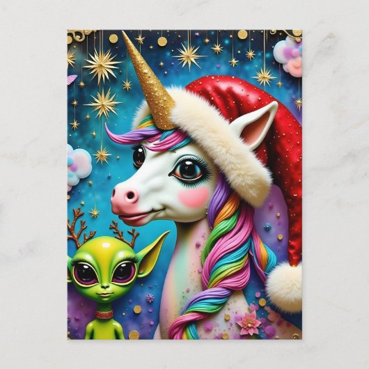 Kerst Alien en Unicorn Briefkaart (Voorkant)