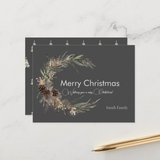 Kerst aquarel zwart Briefkaart (Voorkant / Achterkant in situ)