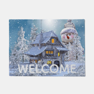 Kerst Auto Decoratie Winter Witte Sneeuwman Blauw Deurmat
