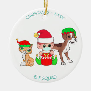 Kerst, baby, elf, kat en hond keramisch ornament