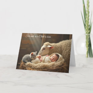 Kerst Baby en kitten in een kribbe Feestdagen Kaart