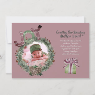 Kerst Baby Geboorteaankondiging Mauve Feestdagenkaart