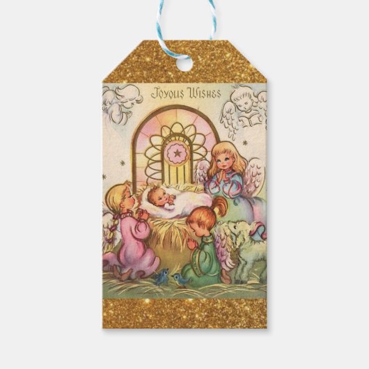 Kerst Baby Jesus in Manger Angels Cadeaulabel (Voorkant)