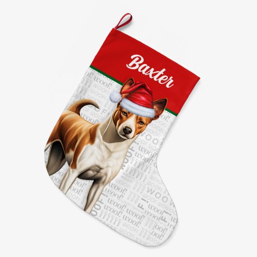 Kerst Basenji Hond Naam Woof Grote Kerstsok (Voorkant (Hangend))