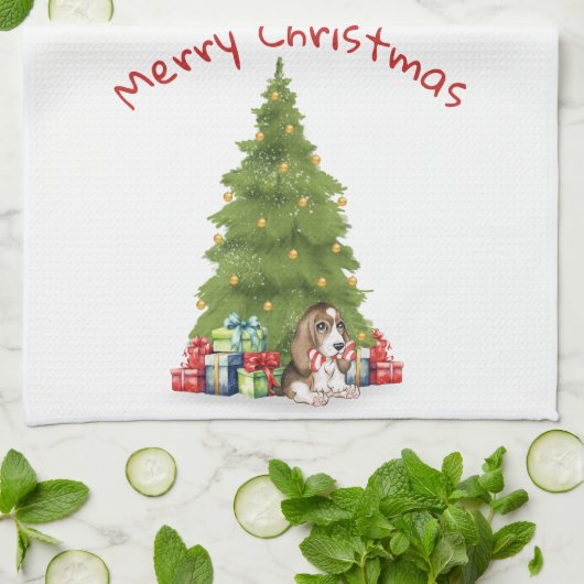 Kerst Basset Hound met Candy Cane Bone Theedoek (Gevouwen)