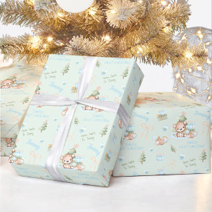 Kerst Beer Jongen Blauw Groene Naam Tekst Kerst Cadeaupapier