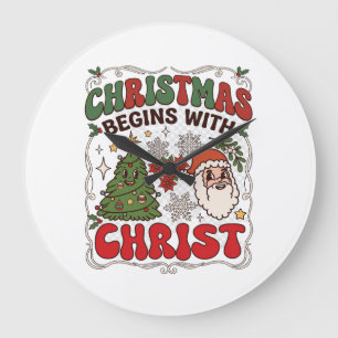 Kerst begint Christus Kerstman Boom Sneeuwvlok Grote Klok