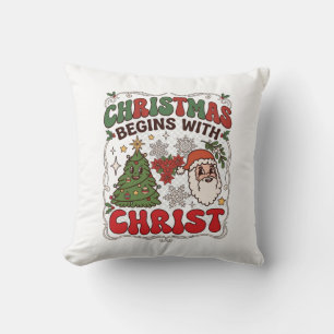 Kerst begint Christus Kerstman Boom Sneeuwvlok Kussen