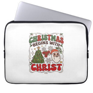 Kerst begint Christus Kerstman Boom Sneeuwvlok Laptop Sleeve