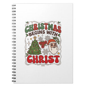 Kerst begint Christus Kerstman Boom Sneeuwvlok Notitieboek