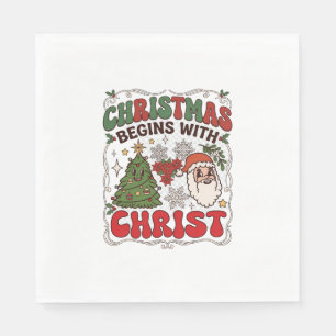 Kerst begint Christus Kerstman Boom Sneeuwvlok Servet