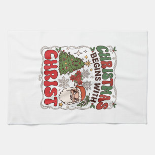 Kerst begint Christus Kerstman Boom Sneeuwvlok Theedoek